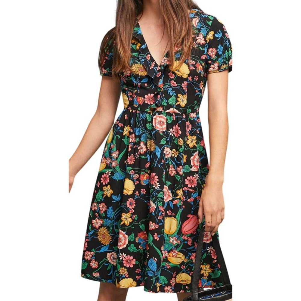 Maeve Anthropologie Black Multicolor Floral Ruffle Boho Feminine Cute Dress